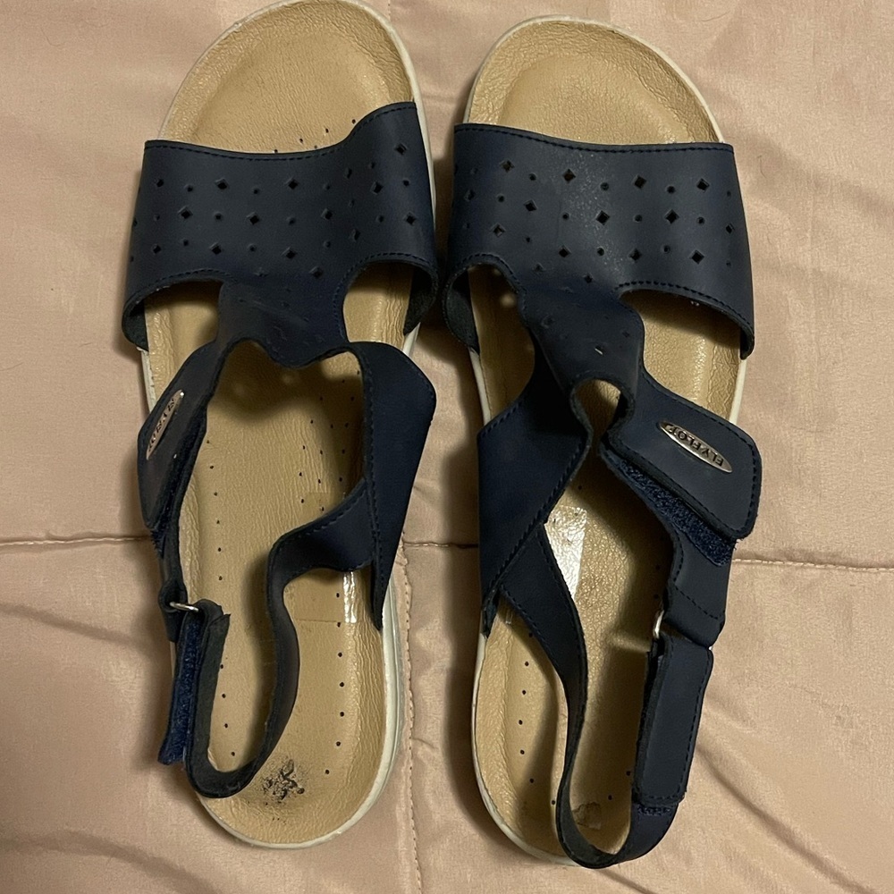 Fly Flot women's navy blue comfort anatomic strappy wedge sandals.